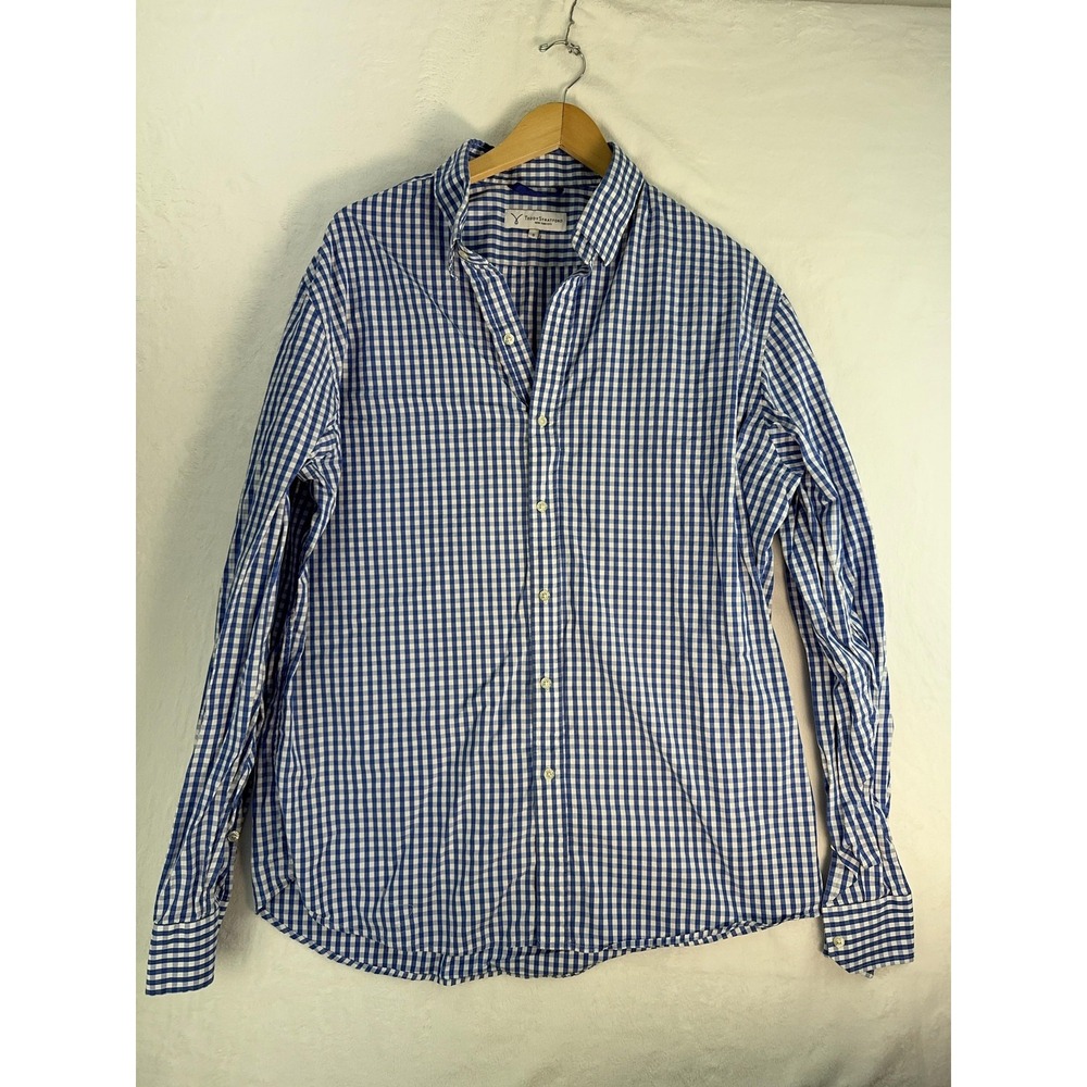 Teddy Stratford Shirt Mens Medium Blue White Check Button Up Hidden Zip Casual